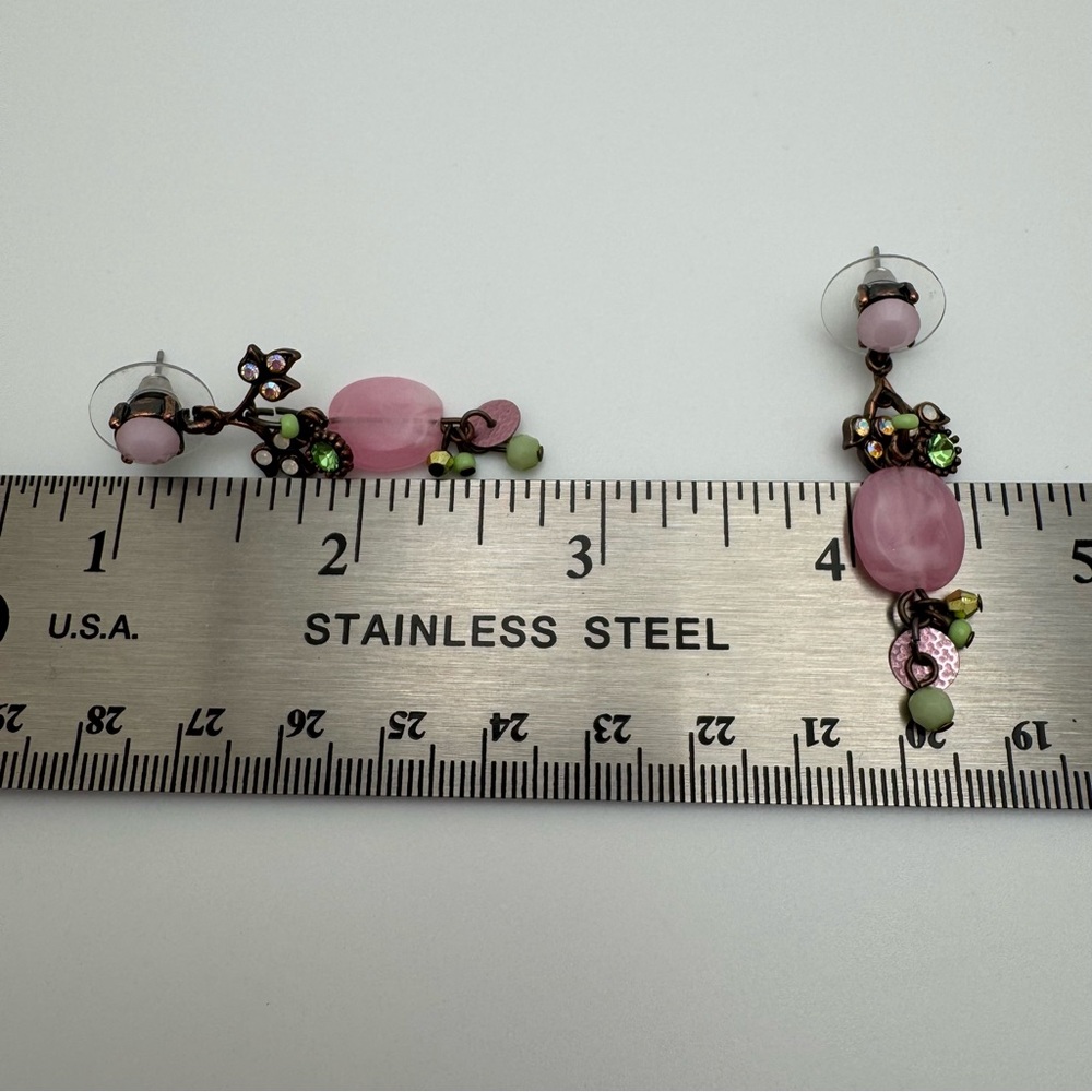 Anthropologie Pink Floral Crystal Drop Earrings Mint Green Statement - Picture 9 of 10